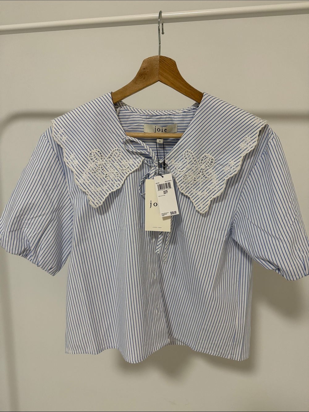 New! Joie Cotton Women Blue Stripe Sailor Collar Blouse